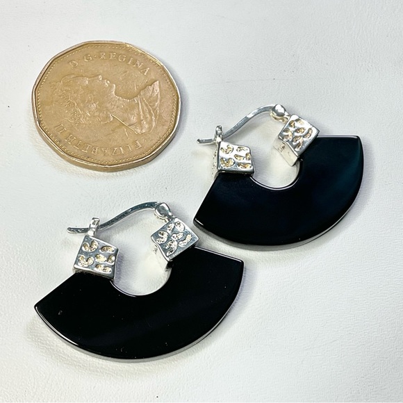 David Sigal Sterling Silver Onyx Hoop Earrings Designer Basket Drop - Picture 2 of 6